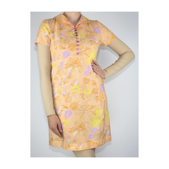 Vintage 1960’s Dress Peach Pastel Floral Mod Mini - Picture 2 of 4